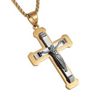 Gold Jesus Steel Necklace Silver Gold Black Multicolor Cross, 22 + 2 Inch Chain